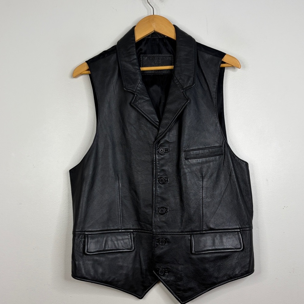 Roundtree & Yorke Leather Vest Mens Large Black Lambskin Waistcoat Retro Goth